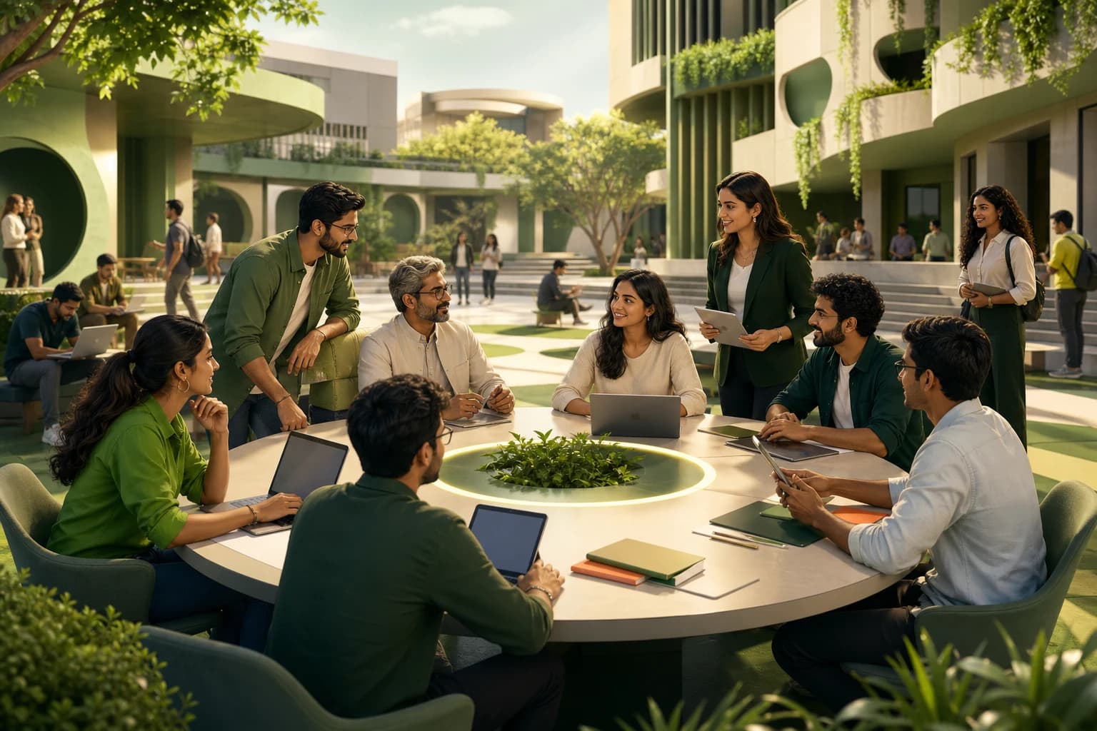 Students, faculty, alumni, and recruiters collaborating around a circular table on a green campus