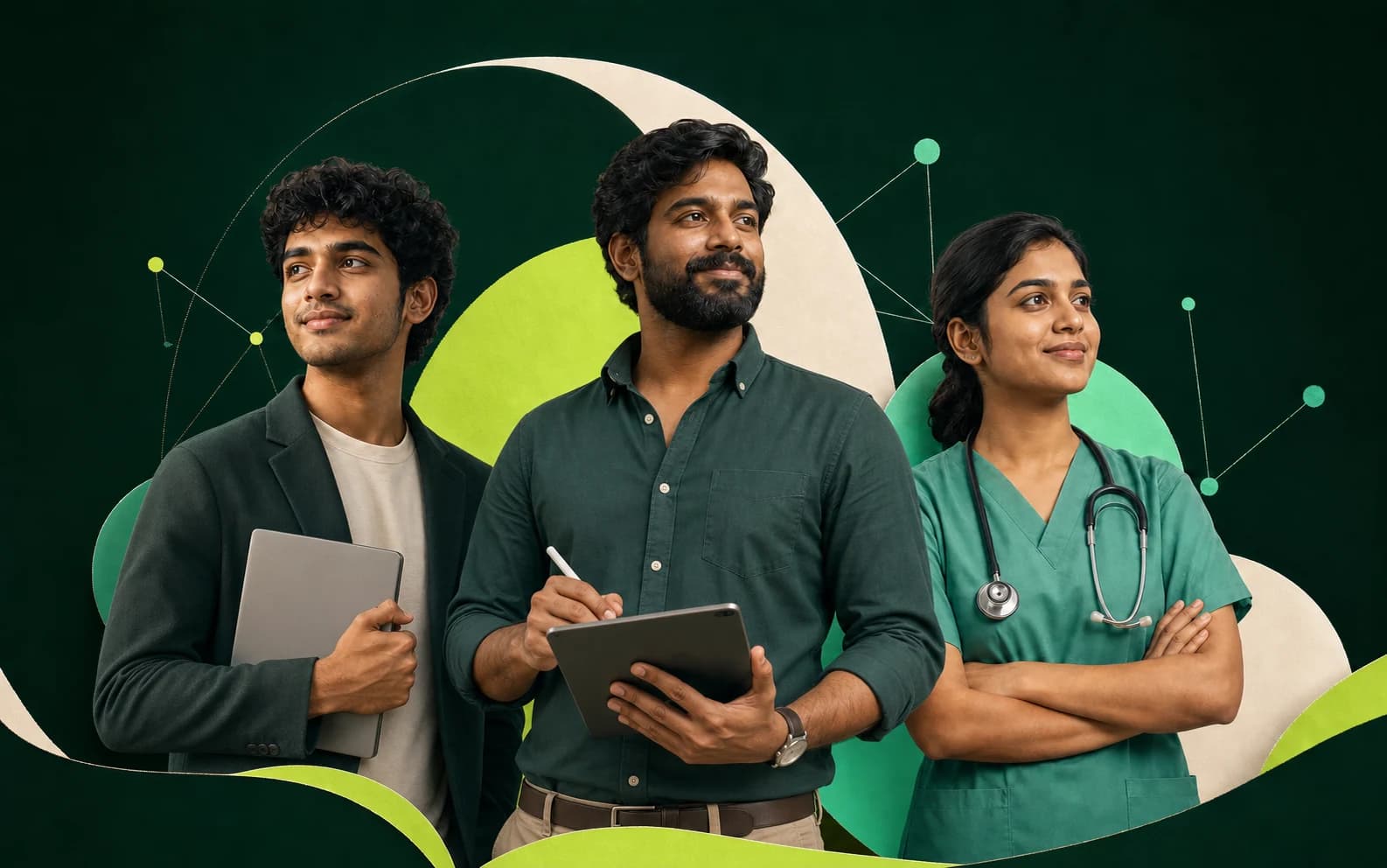 Three professionals in technology, product design, and healthcare standing together