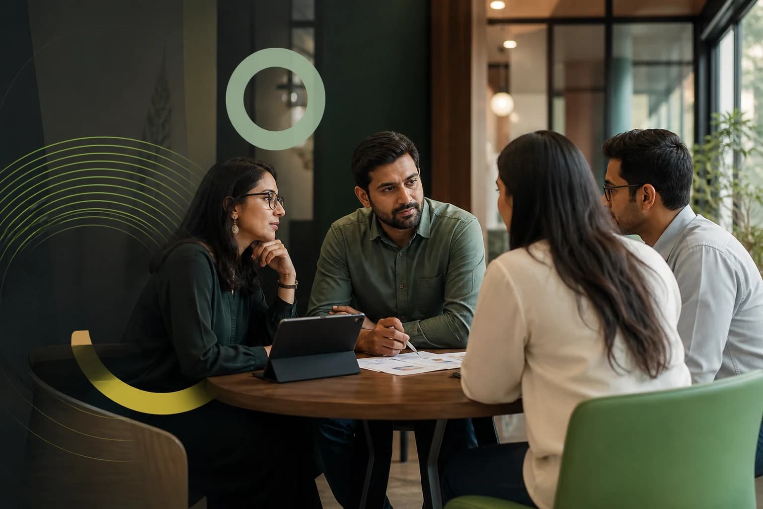 Recruiters and candidates discussing a role together in a modern workplace