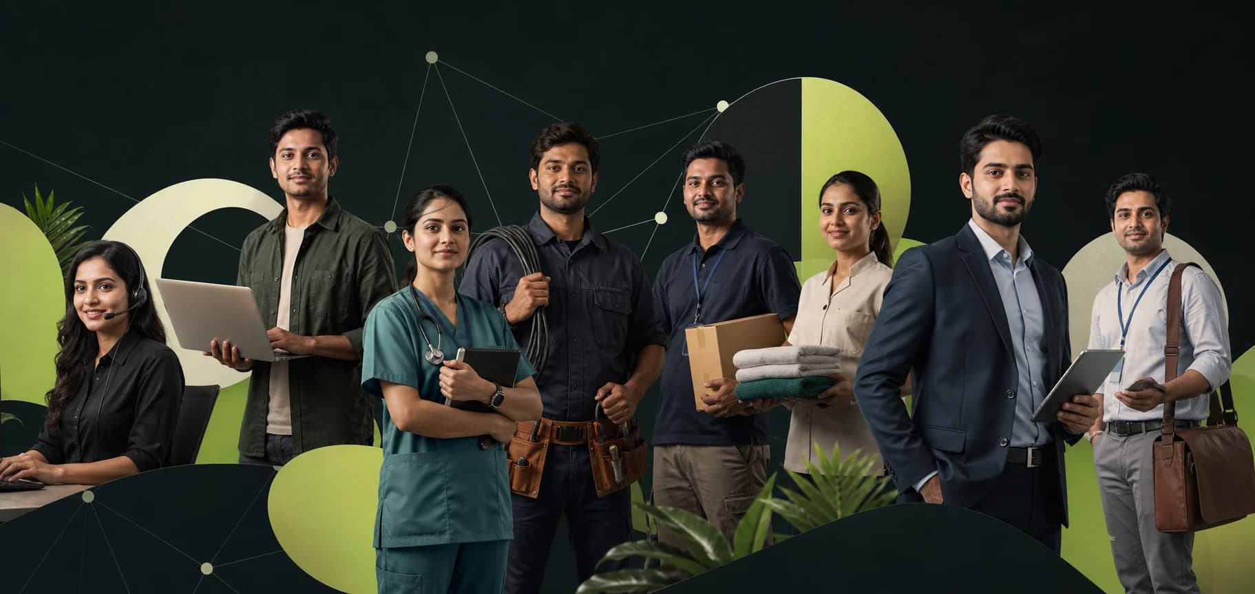Indian customer support, technology, healthcare, skilled trades, logistics, hospitality, business, and sales professionals together
